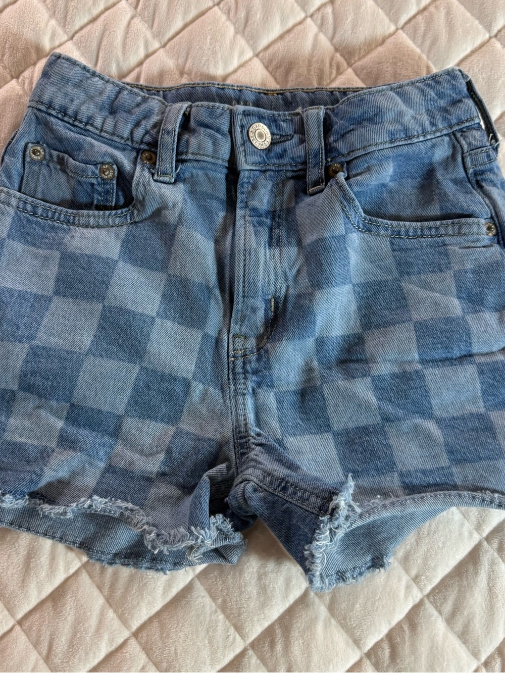 Gap Kids Checkered Denim Shorts Blue Checkerboard Jean Frayed Hem Size 10